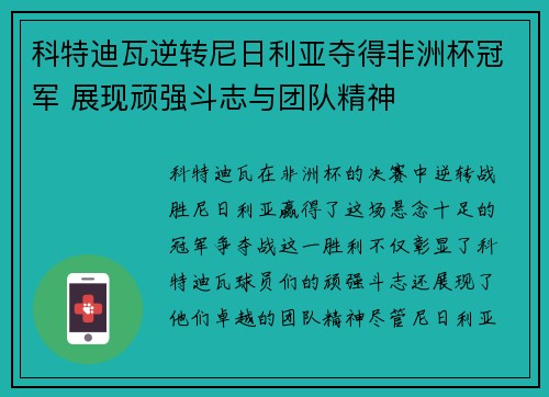 科特迪瓦逆转尼日利亚夺得非洲杯冠军 展现顽强斗志与团队精神