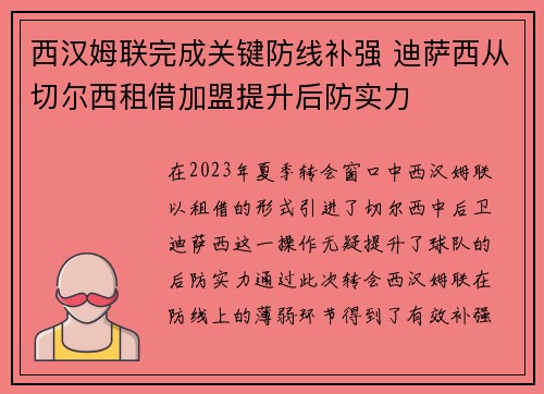 西汉姆联完成关键防线补强 迪萨西从切尔西租借加盟提升后防实力